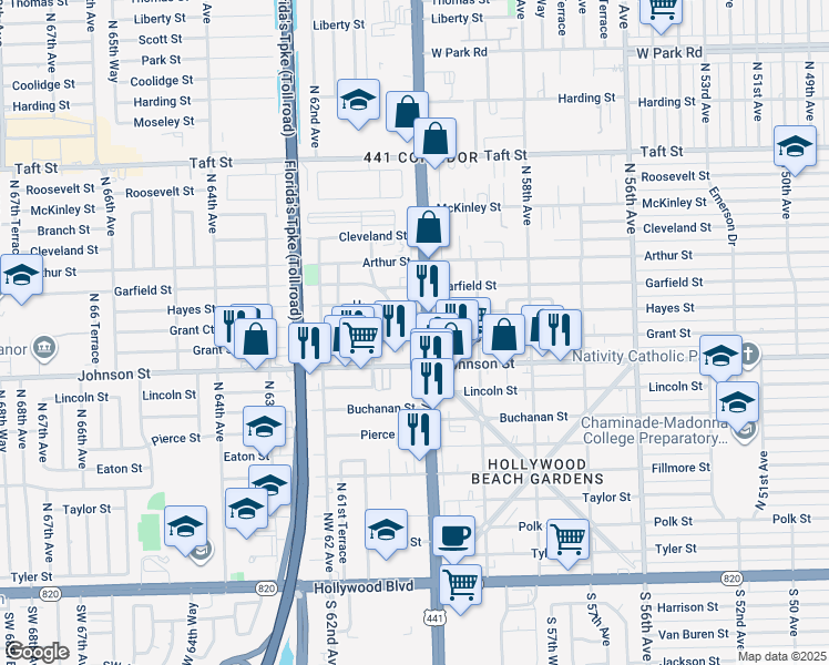 map of restaurants, bars, coffee shops, grocery stores, and more near 1010 Highway 7 in Hollywood
