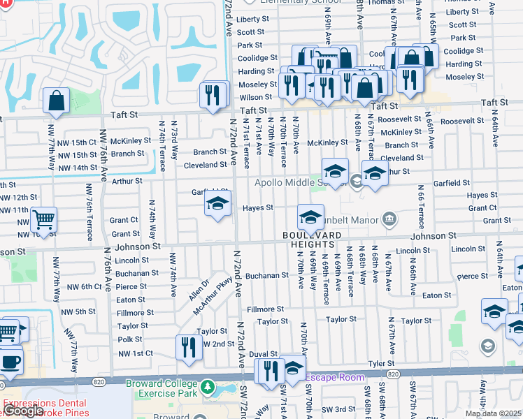 map of restaurants, bars, coffee shops, grocery stores, and more near 1431 North 71st Avenue in Hollywood