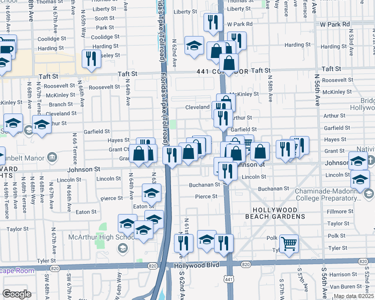 map of restaurants, bars, coffee shops, grocery stores, and more near 6132 Call Street in Hollywood