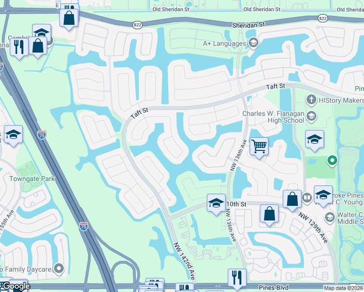 map of restaurants, bars, coffee shops, grocery stores, and more near 1311 Northwest 139th Avenue in Pembroke Pines