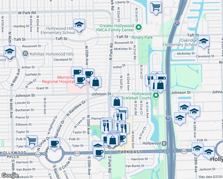map of restaurants, bars, coffee shops, grocery stores, and more near 3246 Grant Street in Hollywood