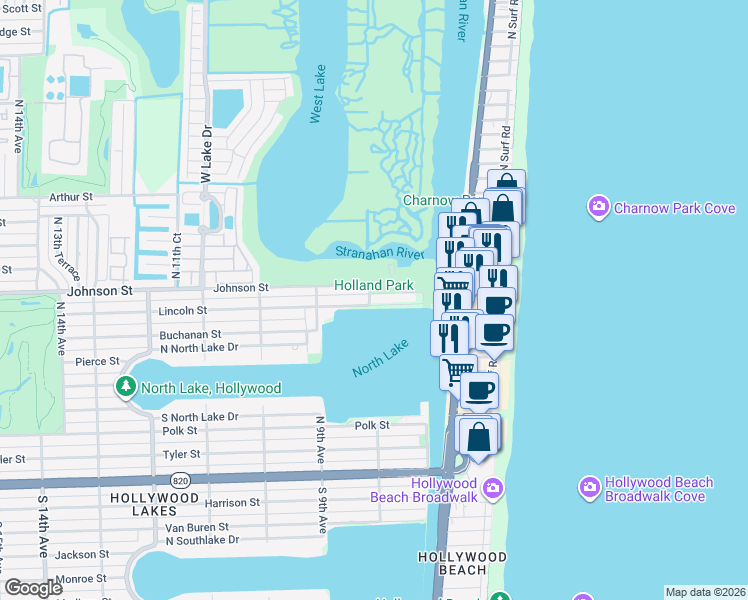 map of restaurants, bars, coffee shops, grocery stores, and more near 759 North North Lake Drive in Hollywood