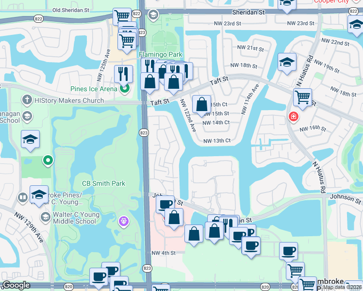 map of restaurants, bars, coffee shops, grocery stores, and more near 1309 Northwest 122nd Terrace in Pembroke Pines