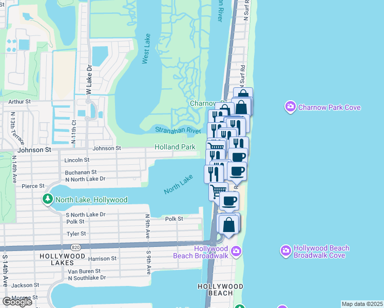 map of restaurants, bars, coffee shops, grocery stores, and more near 707 North North Lake Drive in Hollywood