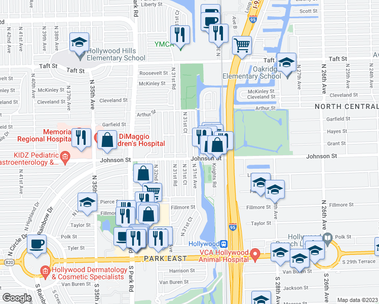 map of restaurants, bars, coffee shops, grocery stores, and more near 909 North 31st Court in Hollywood