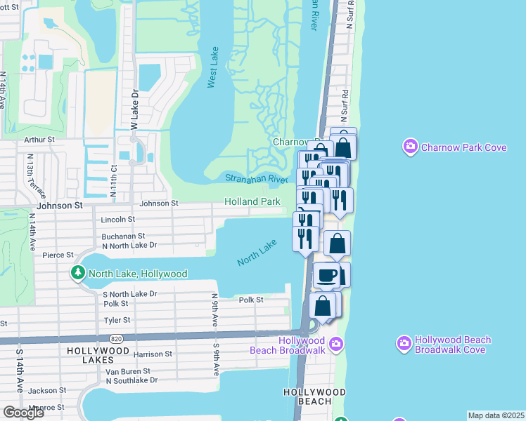 map of restaurants, bars, coffee shops, grocery stores, and more near 707 North North Lake Drive in Hollywood