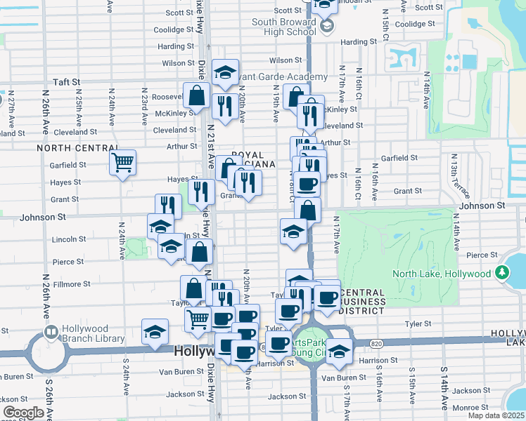 map of restaurants, bars, coffee shops, grocery stores, and more near 1941 Johnson Street in Hollywood