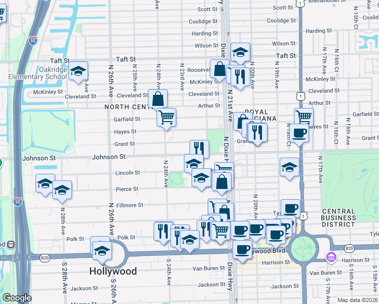 map of restaurants, bars, coffee shops, grocery stores, and more near 2237 Johnson Street in Hollywood