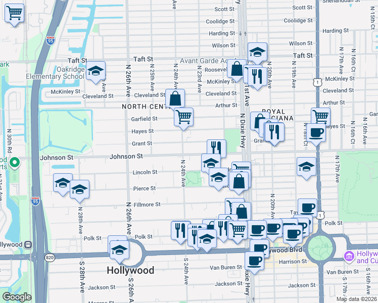 map of restaurants, bars, coffee shops, grocery stores, and more near 2319 Johnson Street in Hollywood