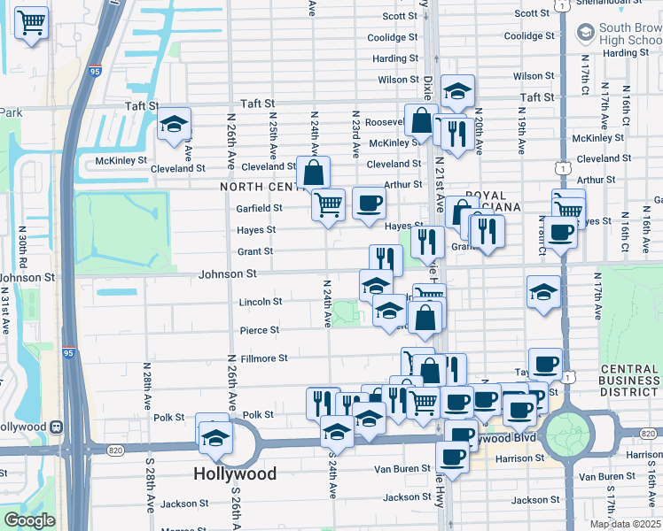 map of restaurants, bars, coffee shops, grocery stores, and more near 2319 Johnson Street in Hollywood