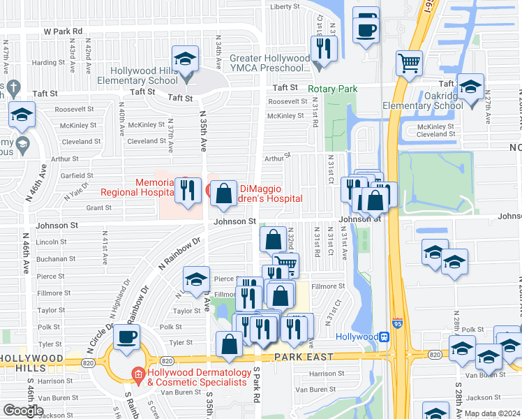 map of restaurants, bars, coffee shops, grocery stores, and more near 3246 Grant Street in Hollywood