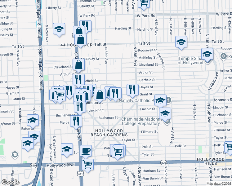 map of restaurants, bars, coffee shops, grocery stores, and more near 5701 Grant Street in Hollywood