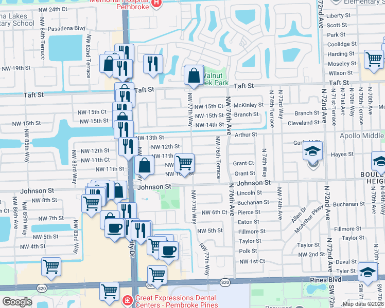 map of restaurants, bars, coffee shops, grocery stores, and more near 1141 Northwest 78th Avenue in Pembroke Pines