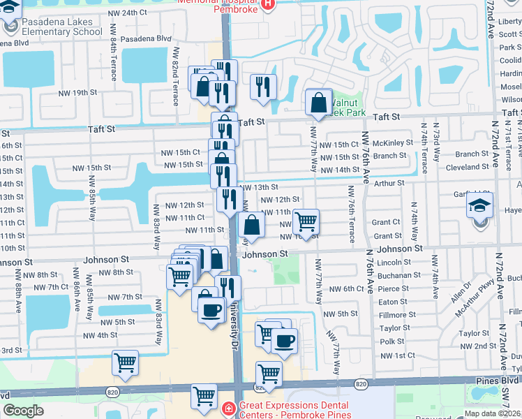 map of restaurants, bars, coffee shops, grocery stores, and more near 1150 Northwest 79th Terrace in Pembroke Pines