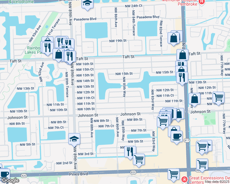 map of restaurants, bars, coffee shops, grocery stores, and more near 8631 Northwest 12th Street in Pembroke Pines