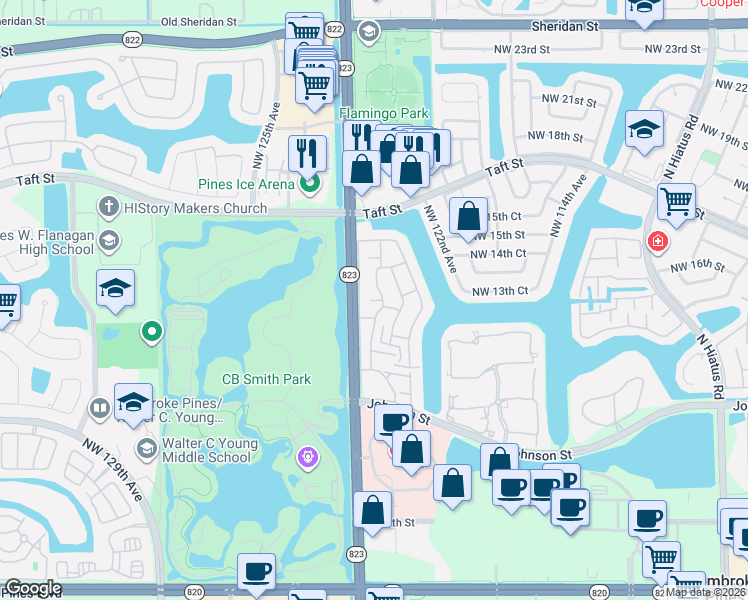 map of restaurants, bars, coffee shops, grocery stores, and more near 12387 Northwest 13th Court in Pembroke Pines