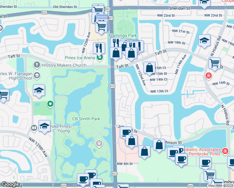 map of restaurants, bars, coffee shops, grocery stores, and more near 12387 Northwest 13th Court in Pembroke Pines