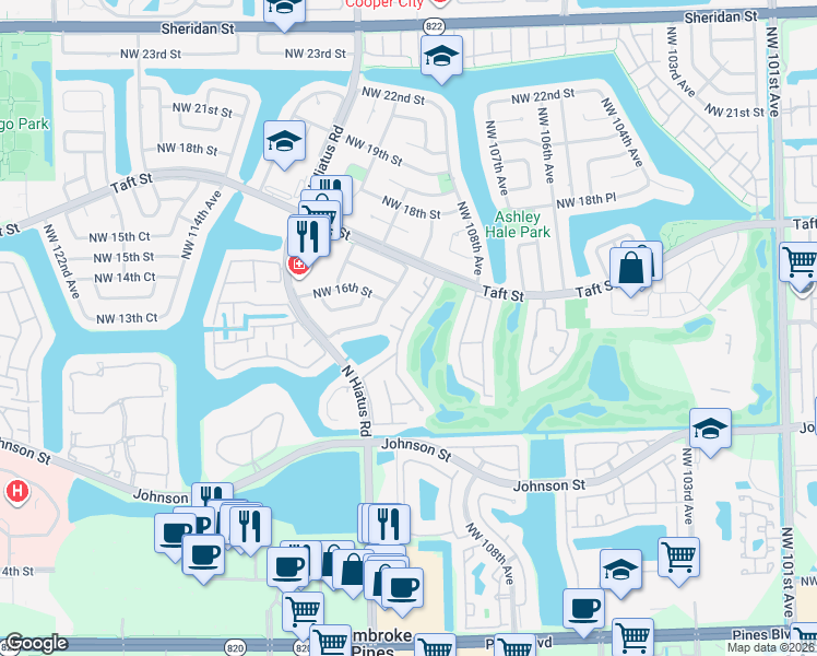 map of restaurants, bars, coffee shops, grocery stores, and more near 1431 West Fairway Road in Pembroke Pines