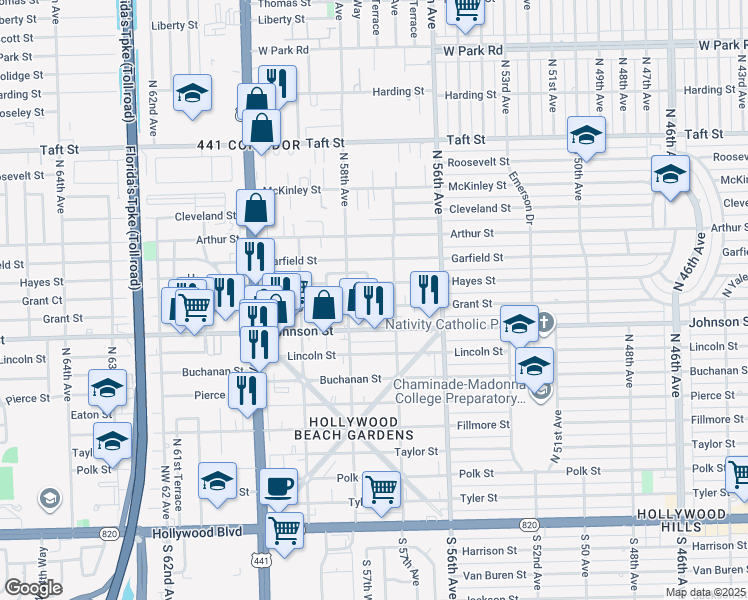map of restaurants, bars, coffee shops, grocery stores, and more near 5701 Grant Street in Hollywood