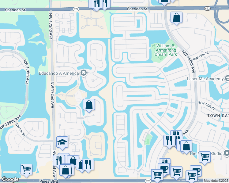 map of restaurants, bars, coffee shops, grocery stores, and more near 1310 Northwest 166th Avenue in Pembroke Pines