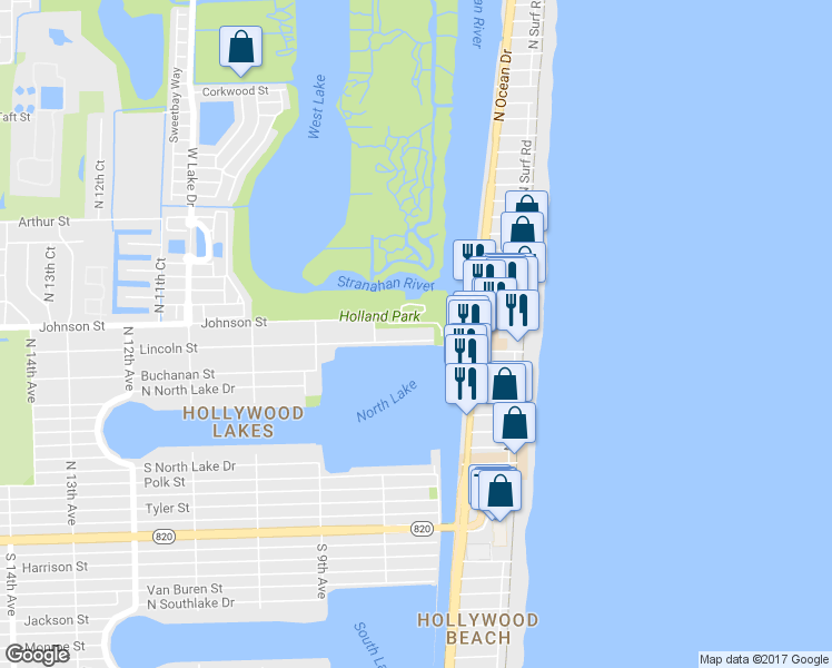 map of restaurants, bars, coffee shops, grocery stores, and more near 707 North Northlake Drive in Hollywood