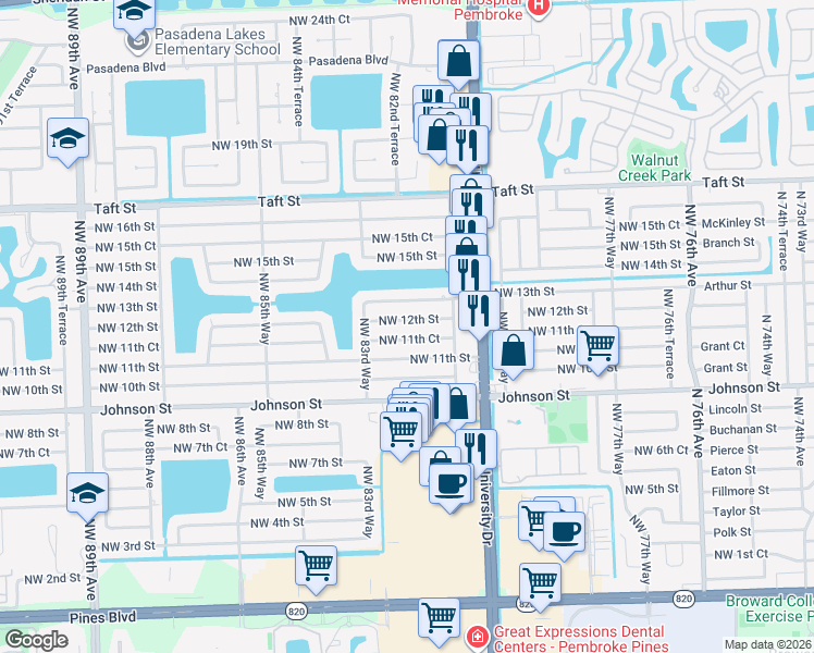 map of restaurants, bars, coffee shops, grocery stores, and more near 8220 Northwest 12th Street in Pembroke Pines