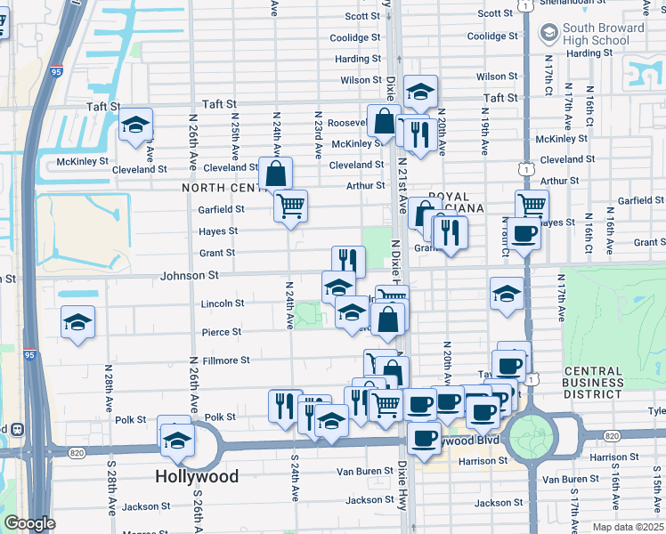 map of restaurants, bars, coffee shops, grocery stores, and more near 2237 Johnson Street in Hollywood