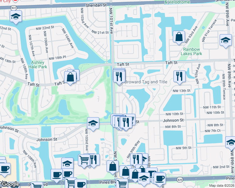 map of restaurants, bars, coffee shops, grocery stores, and more near 1311 North Palm Avenue in Pembroke Pines