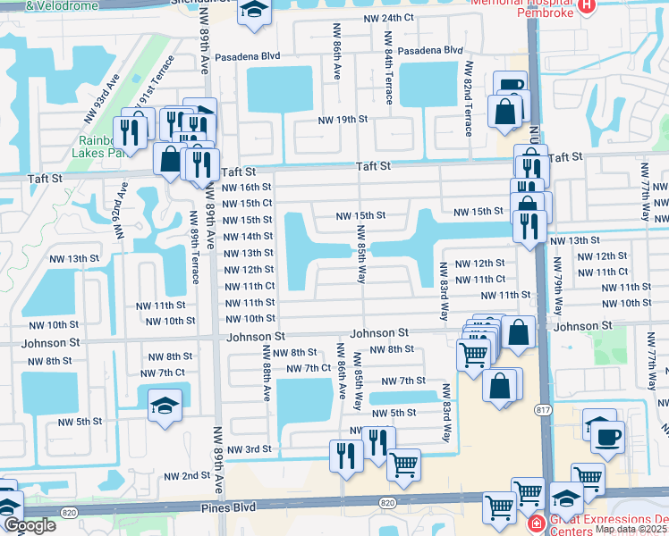map of restaurants, bars, coffee shops, grocery stores, and more near 8631 Northwest 12th Street in Pembroke Pines