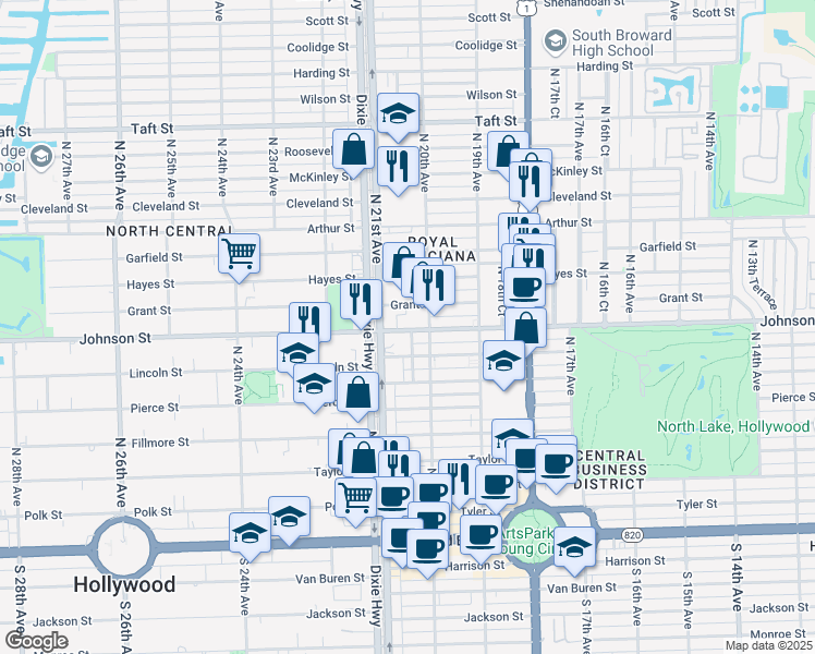 map of restaurants, bars, coffee shops, grocery stores, and more near 2017 Johnson Street in Hollywood