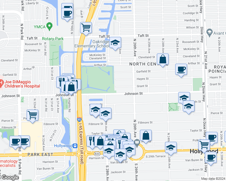 map of restaurants, bars, coffee shops, grocery stores, and more near 2727 Johnson Street in Hollywood