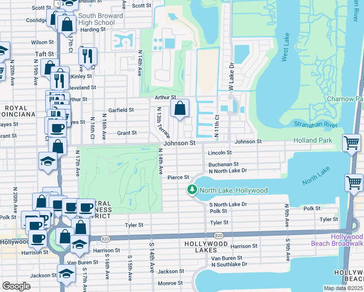 map of restaurants, bars, coffee shops, grocery stores, and more near 820 North 13th Avenue in Hollywood