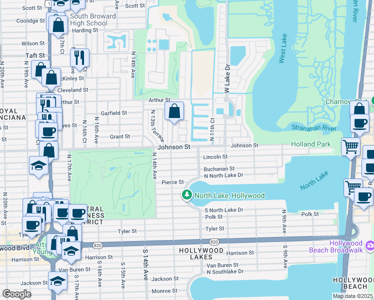 map of restaurants, bars, coffee shops, grocery stores, and more near 1224 Johnson Street in Hollywood
