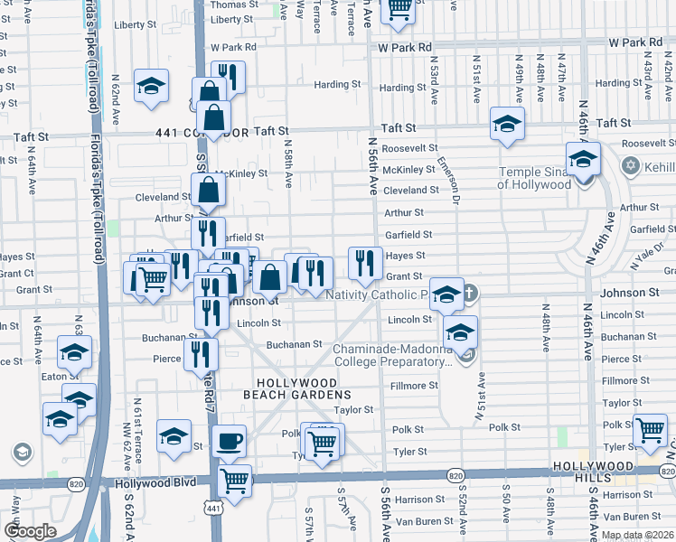 map of restaurants, bars, coffee shops, grocery stores, and more near 5657 Grant Street in Hollywood