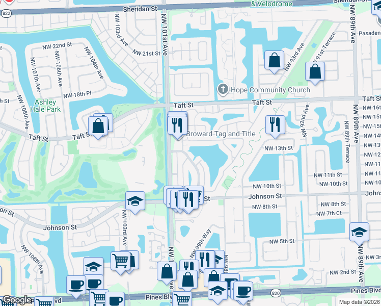 map of restaurants, bars, coffee shops, grocery stores, and more near 1301 Northwest 99th Avenue in Pembroke Pines