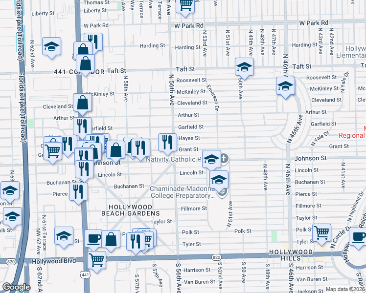 map of restaurants, bars, coffee shops, grocery stores, and more near 5507 Grant St in Hollywood