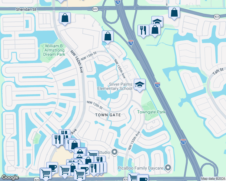 map of restaurants, bars, coffee shops, grocery stores, and more near 1338 Northwest 157th Avenue in Pembroke Pines