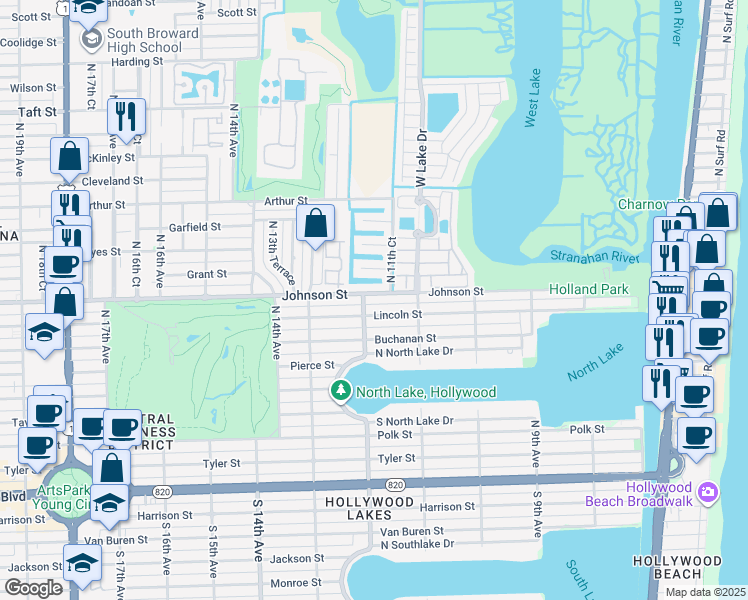 map of restaurants, bars, coffee shops, grocery stores, and more near 1144 Johnson Street in Hollywood