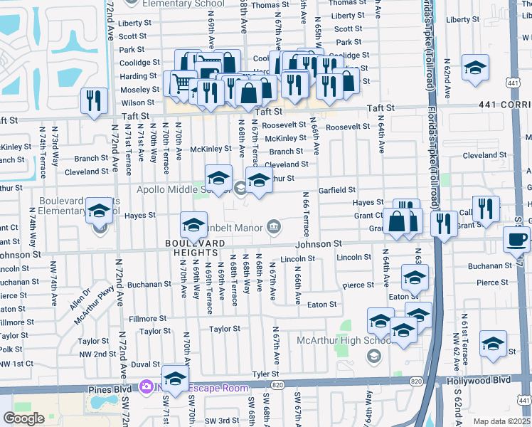 map of restaurants, bars, coffee shops, grocery stores, and more near 6770 Garfield Street in Hollywood