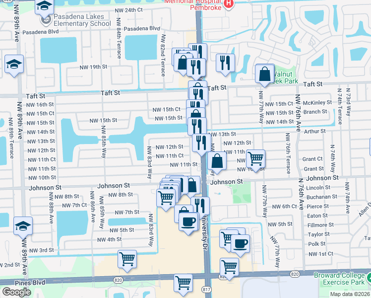 map of restaurants, bars, coffee shops, grocery stores, and more near 8110 Northwest 12th Street in Pembroke Pines