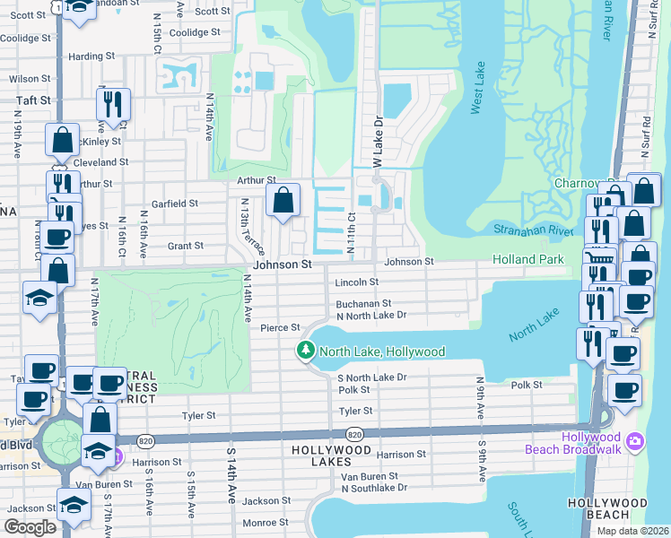 map of restaurants, bars, coffee shops, grocery stores, and more near 1144 Johnson Street in Hollywood