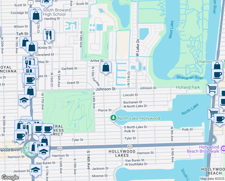 map of restaurants, bars, coffee shops, grocery stores, and more near 1224 Johnson Street in Hollywood