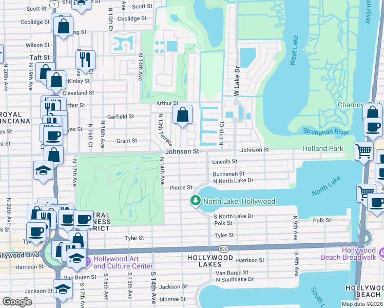 map of restaurants, bars, coffee shops, grocery stores, and more near 1224 Johnson Street in Hollywood