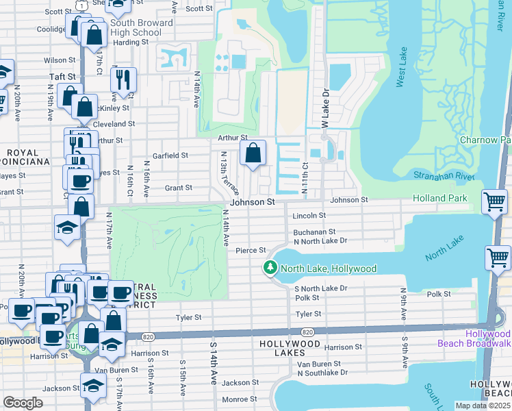map of restaurants, bars, coffee shops, grocery stores, and more near 820 North 13th Avenue in Hollywood
