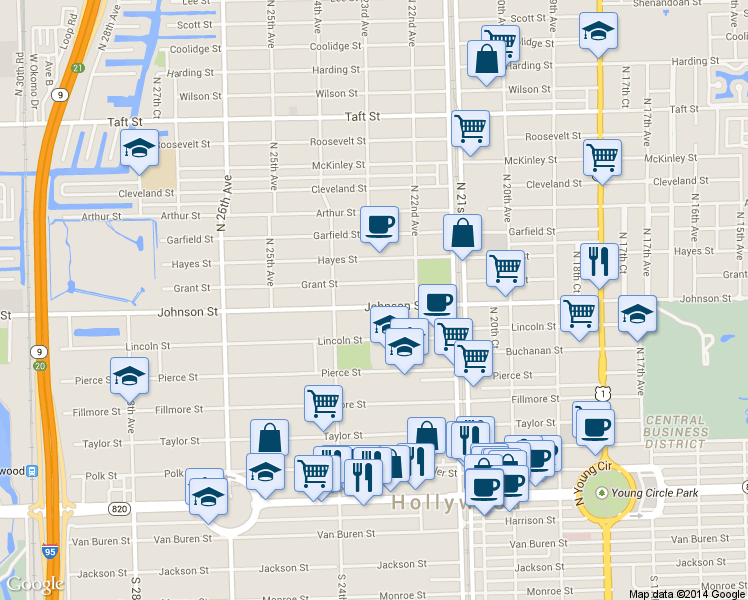 map of restaurants, bars, coffee shops, grocery stores, and more near 2237 Johnson Street in Hollywood