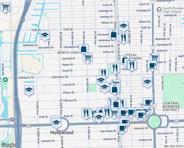 map of restaurants, bars, coffee shops, grocery stores, and more near 2319 Johnson Street in Hollywood