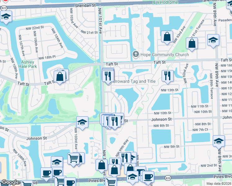 map of restaurants, bars, coffee shops, grocery stores, and more near 1301 Northwest 99th Avenue in Pembroke Pines