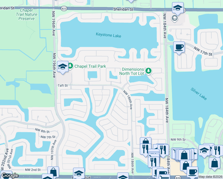 map of restaurants, bars, coffee shops, grocery stores, and more near 19229 Northwest 14th Street in Pembroke Pines