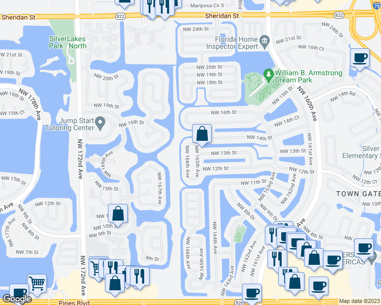 map of restaurants, bars, coffee shops, grocery stores, and more near 1339 Northwest 166th Avenue in Pembroke Pines