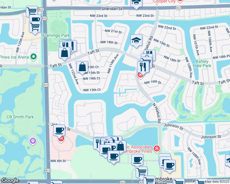 map of restaurants, bars, coffee shops, grocery stores, and more near 1512 Northwest 113th Way in Pembroke Pines